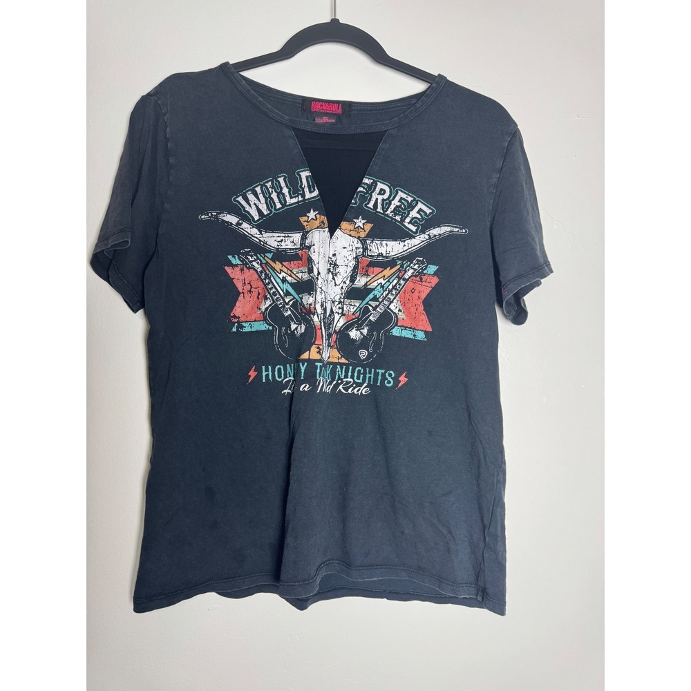Rock & Roll Cowgirl Wild & Free Honky Tonk Nights Mesh V-Neck Graphic Tee Grey